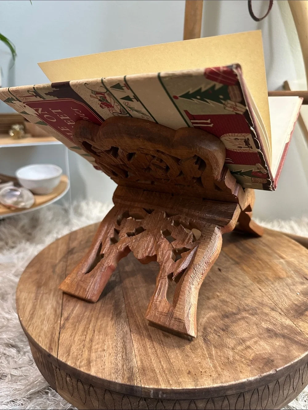 Carved Wooden Small Folding Book Stand Boho